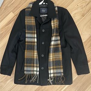 Bass Black Pea Coat with Plaid Scarf